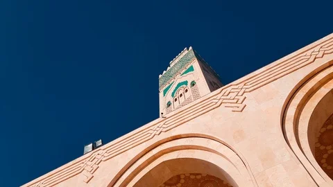 Camera tracking left framed view to reveal Hassan II Mosque  Casablanca, Morocco 스톡 동영상 98408744