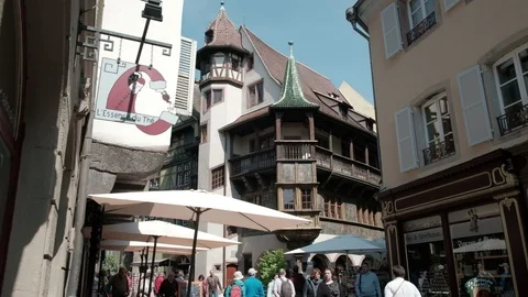 Camera Tracking Left View Across Alley To Pfister House Old Town Colmar Stock Footage 93931017