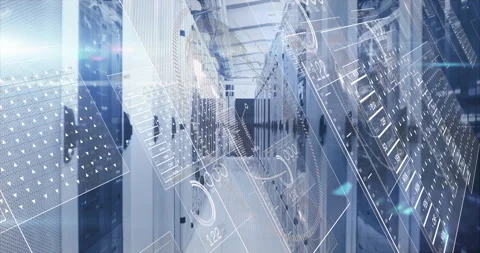 Camera tracking server aisle, adding currency panels with rotating gauges for Stock Footage 312486004