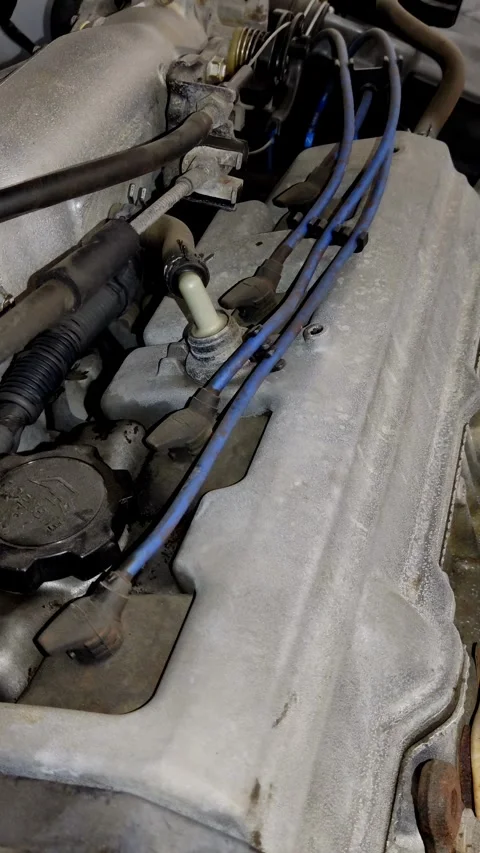 Camera tracks blue spark plug wires on a dusty engine Stock Footage 335835433