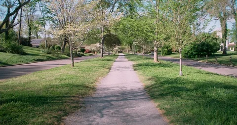 Camera tracks down shaded running path Stock Footage 94342987