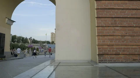 Camera tracks past Lyadsky gate in Kiev Stock Footage 93122741