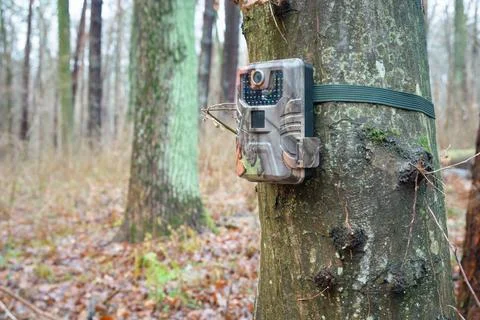 A camera trap hanging on a tree Stock Photos