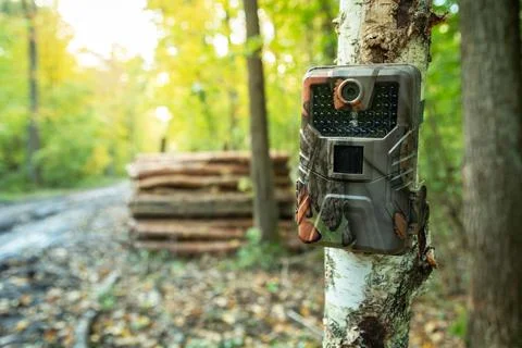 Camera trap mounted on a tree in the forest Stock Photos
