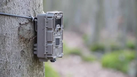 A camera trap on a tree in a forest - closeup Stock Footage 246386882