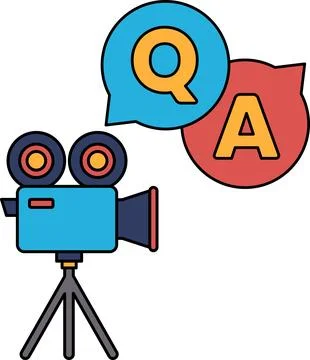 A camera is on a tripod and is pointing at a Q and A sign Stock Illustration