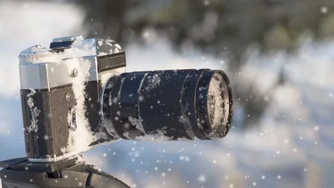 Camera on a tripod close up in the winter forest in the snow Stock Footage 99268307