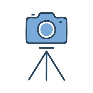 Camera tripod icon. Blue camera icon on a tripod stand. Represents photogra.. Stock Illustration
