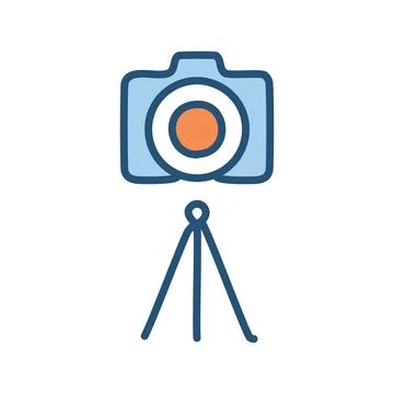 Camera tripod icon. Blue camera icon on a tripod, symbolizing photography, .. Stock Illustration