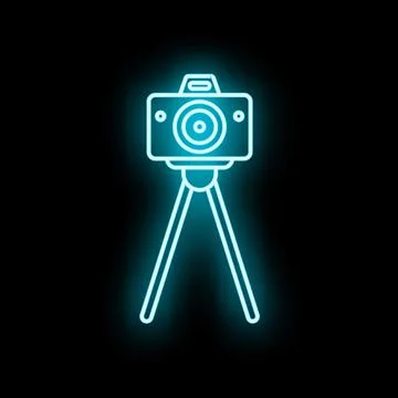 Camera with tripod icon glowing blue neon light Stock Illustration