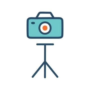 Camera tripod icon. Illustration of a camera mounted on a tripod, represent.. Stock Illustration