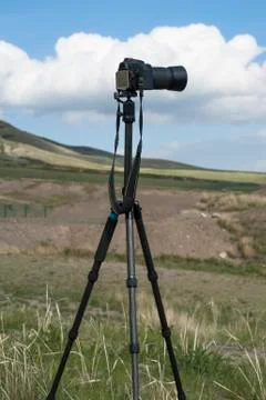 A camera with tripod in outside Foto stock