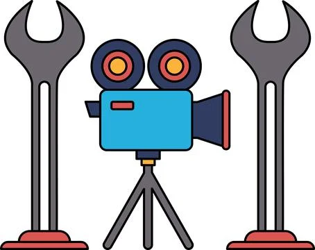 A camera is on a tripod with a pair of wrenches behind it Stock Illustration