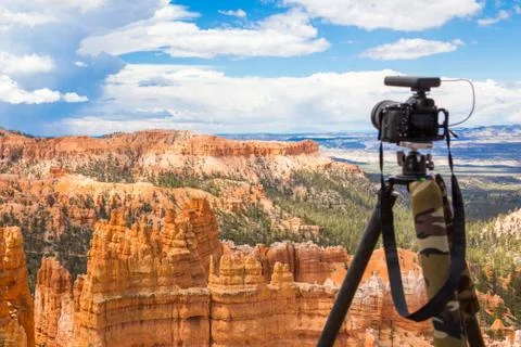 Camera on tripod ready to shoot in Bryce Canyon National Park at daytime, Utah Stock Photos