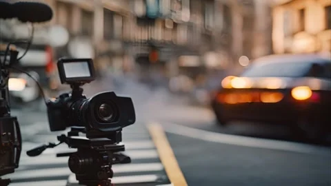 Camera  on Tripod Set Up for Filming  in  the City Vídeos de archivo 284742083