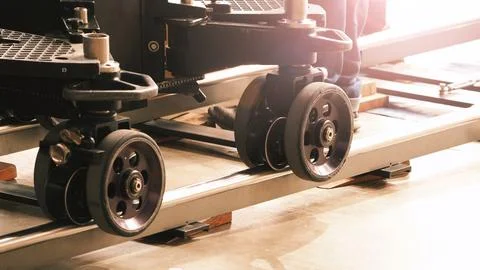 Camera trolley or camera dolly cart rails for filmmaking on studio shooting.. Stock Photos