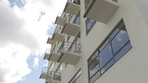 Camera turn with the Bauhaus facade in focus. September 2017 Stock Footage 83634515