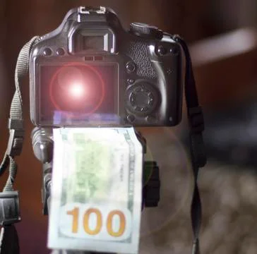 A camera, under it 100 dollars, in focus. in the background the girl does not Stock Photos
