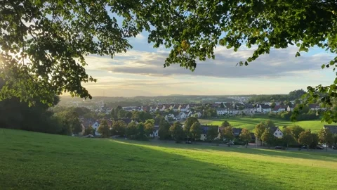 Camera Under Tree Panning Across Green Field Towards City in 4K Video stock 317581095