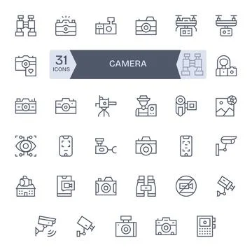 Camera Vector Graphics featuring 35 Regular Line PIXEL Perfect 256x256 Design Stock Illustration