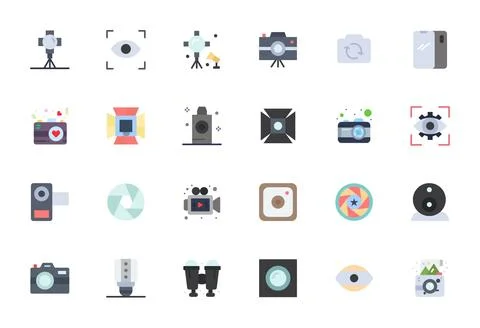 Camera Vector Icon Collection with 24 128x128 Flat Designs Stock Illustration