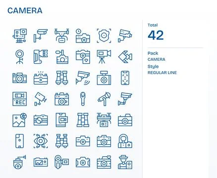 Camera Vector Icon Library with 42 Regular Line 128x128 PIXEL Perfect Designs Stock Illustration