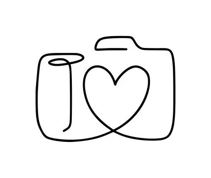 Camera vector outline drawing with a continuous line forming a heart, expressing Stock Illustration