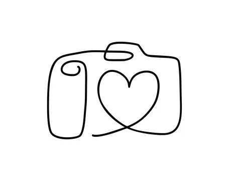 Camera vector outline drawing icon with a continuous line forming a heart Stock Illustration