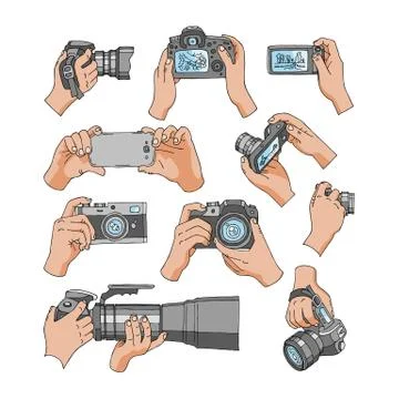 Camera vector professional photocamera in hands for photographing with Stock Illustration