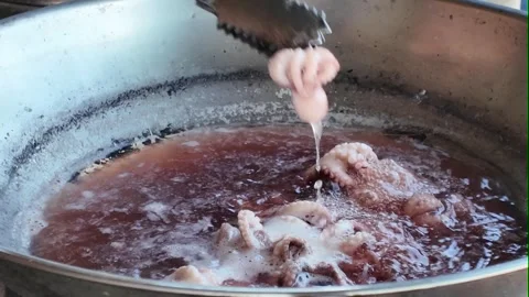 Camera video of octopus being boiled in hot water for cooking Stock Footage 325650233