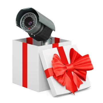 Camera video surveillance inside gift box, present concept. 3D rendering Stock Illustration