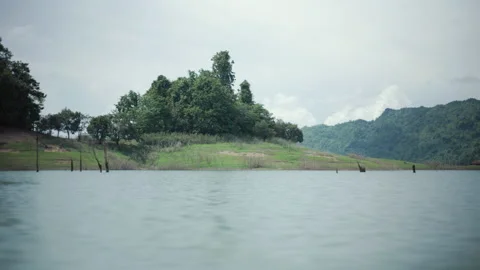 Camera view from the boat looking out to the lake or dam and mountain valley. Stock-Footage 232648658