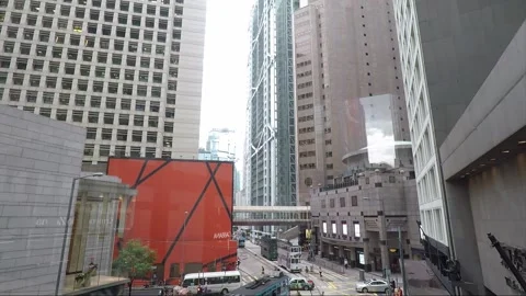 Camera view changing from the street to the top of the buildings, HK Stock Footage 143449959