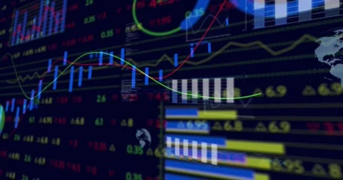 Camera view shifting, candles and trend lines updating, panels sliding ahead Stock Footage 321100373