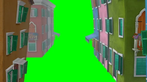 Camera  View Through Popup Toon Village and Zooms Out:  Green Screen + Matte Video stock 147950648