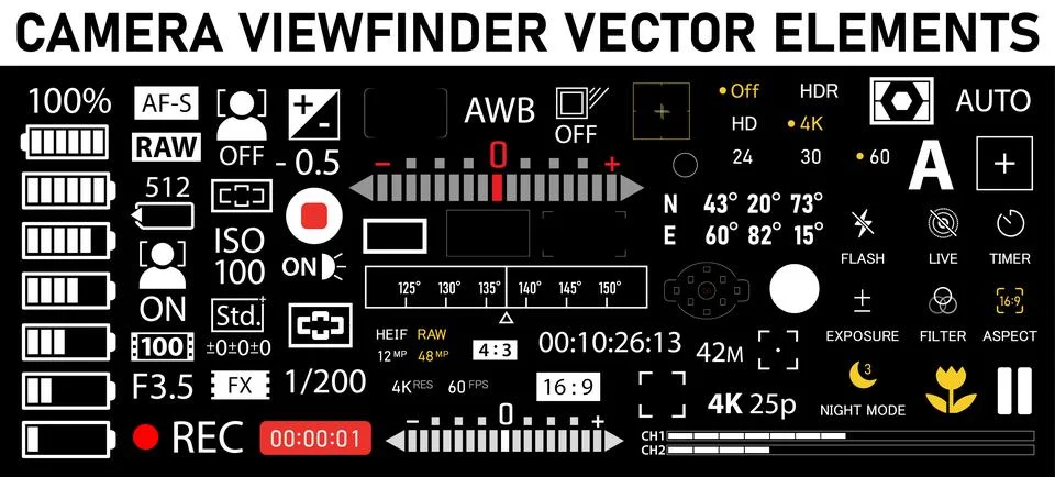 Camera viewfinder elements pack - digital, mirorless, DSLR, cameraphone. Camera Stock Illustration