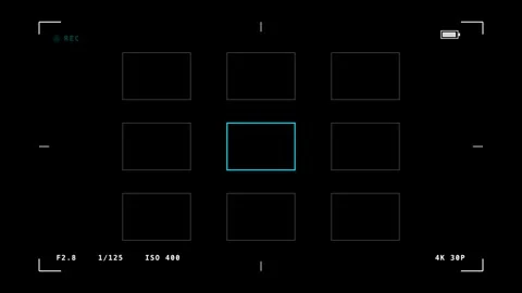 Camera Viewfinder Nine Point Autofocus Grid Overlay On Black Background Stock Footage 342718340