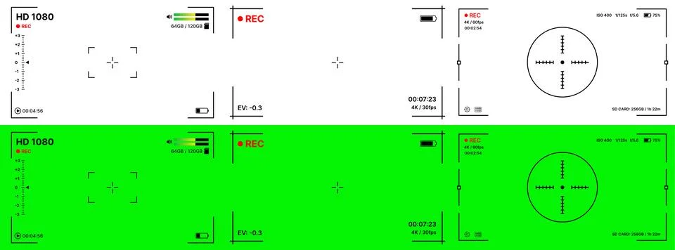 Camera viewfinder overlay UI kit with recording HUD templates Stock Illustration