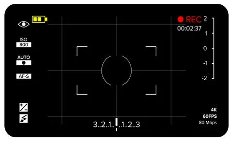 Camera Viewfinder Vector. Modern Camera Focusing Screen With Settings. Digital Stock Illustration
