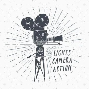 Camera vintage label, Hand drawn sketch, grunge textured retro badge, typogra Stock Illustration