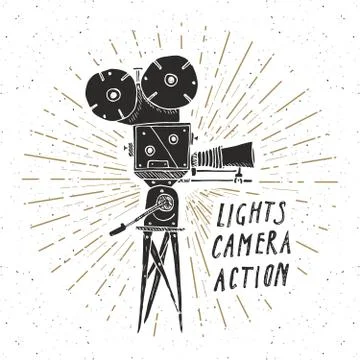 Camera vintage label, Hand drawn sketch, grunge textured retro badge, typogra Stock Illustration