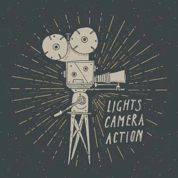 Camera vintage label, Hand drawn sketch, grunge textured retro badge, typogra Stock Illustration