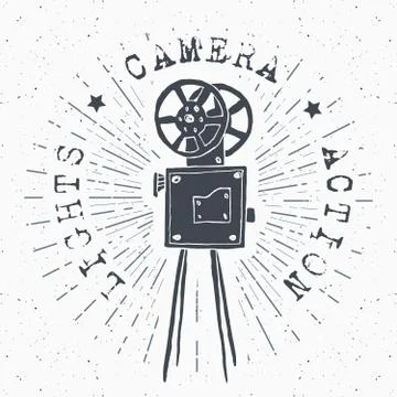 Camera vintage label, Hand drawn sketch, grunge textured retro badge, typogra Illustrazione stock