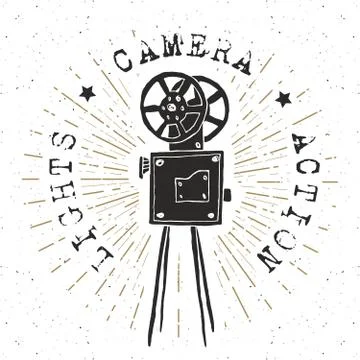 Camera vintage label, Hand drawn sketch, grunge textured retro badge, typogra Stock Illustration