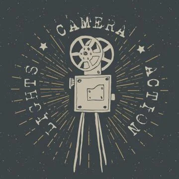Camera vintage label, Hand drawn sketch, grunge textured retro badge, typogra Stock Illustration