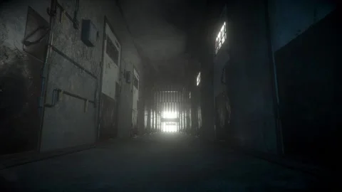 Camera walking in the path inside prison with cells 3d animation Stock Footage