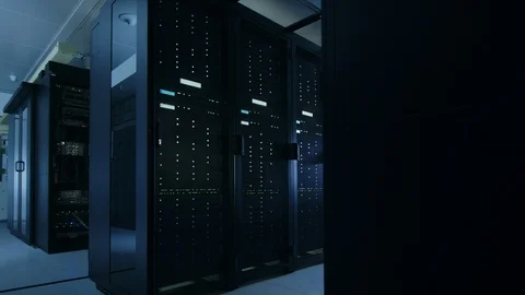Camera Walkthrough Shot of a Working Data Center With Rows of Rack Servers. Led Stock Footage 100808310