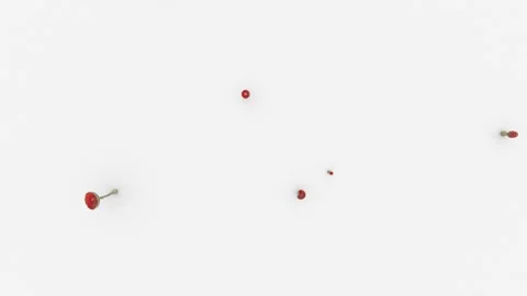 The camera watches from above as tiny red fly agarics are constantly scurrying Stock Footage 149059255