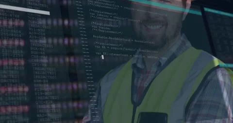 Camera widening code fading, man wearing vest donning hard hat, data scrolling, Stock Footage 331336193