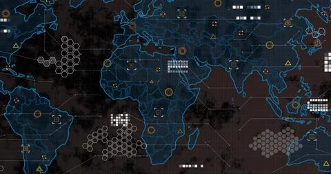 Camera widening, map revealing borders, filling hexes, grids and nodes showing Stock Illustration